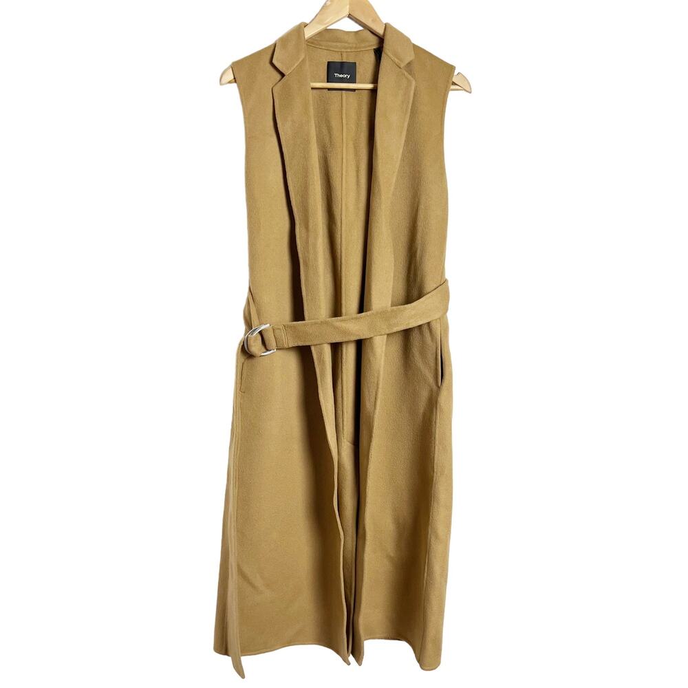 Theory Long Clairene Tan Wool Cashmere Sleeveless Belted Coat Size Petite - Picture 5 of 12